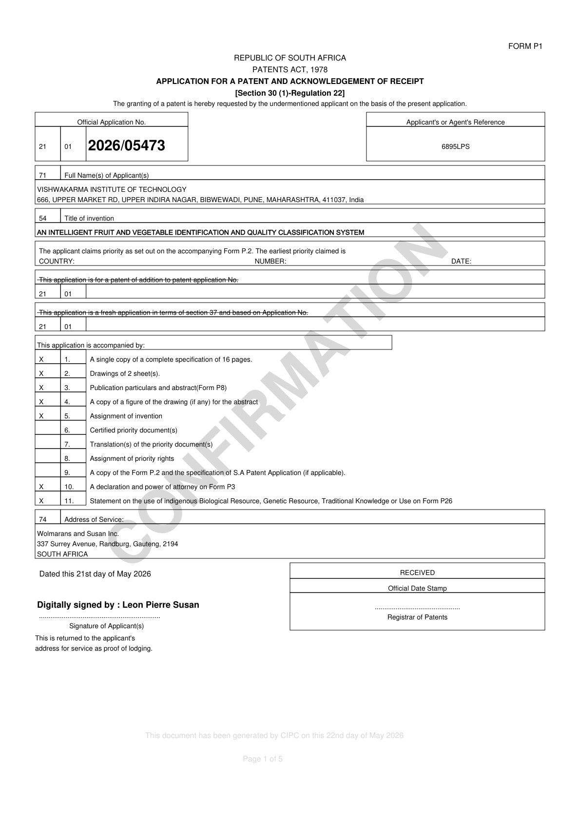 CIPC Lodged Patent Application Receipt